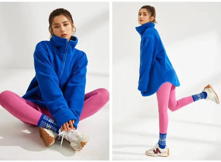 L / Blue Wholesale half Zipper Lapel Sweats Teddy Soft Fabric fleece mock neck sweatshirt for Women Sports