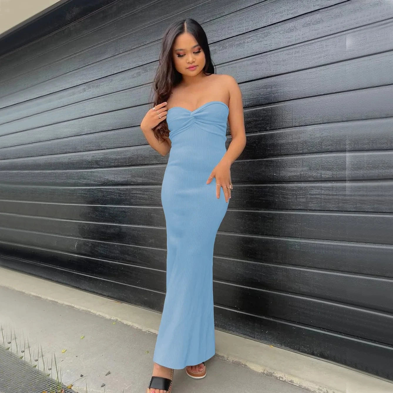 L / Blue Wholesale Knit Solid Strapless Bodycon Dress Sexy Streetwear Night club Party Asymmetric Strapless Ruched Ruffle Tube Dress