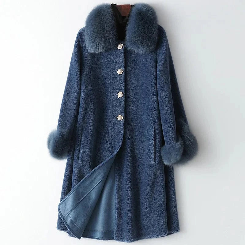 L / Blue Women Real wool sheep shearling fur coat women fox collar winter warm genuine fur coat winter warm coat A19003