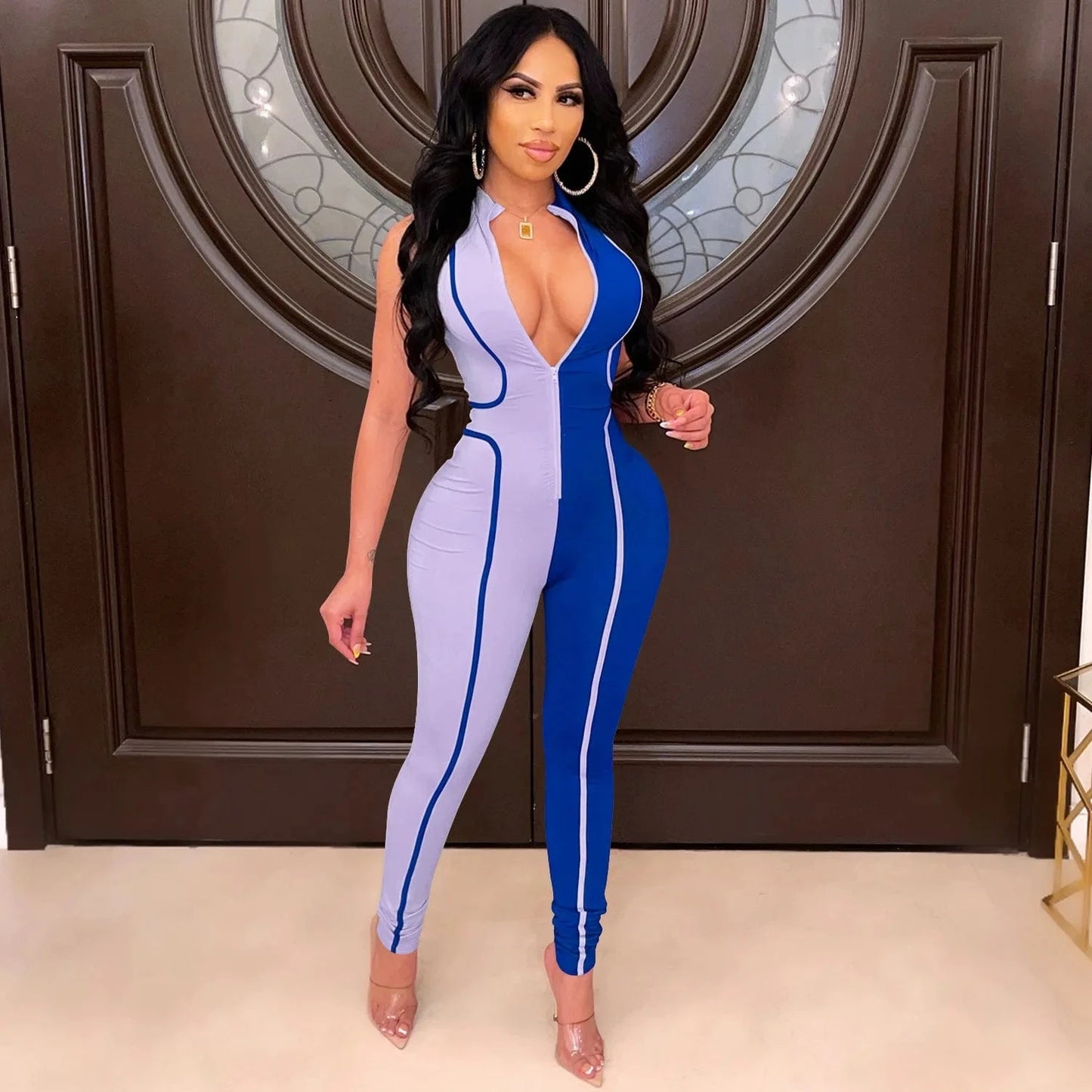 L / Blue Women's boutique women's autumn hot styles hit color fashion jumpsuit women sleeveless zipper jumpsuit