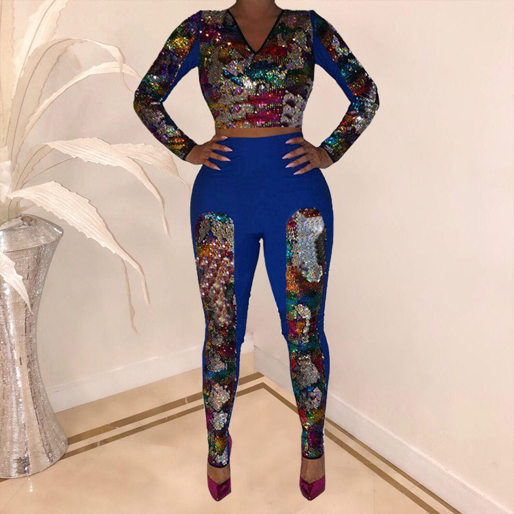 L / Blue women's clothing Double-sided Colorful Sequin Long Sleeve V Neck Nightclub Tops & Trousers