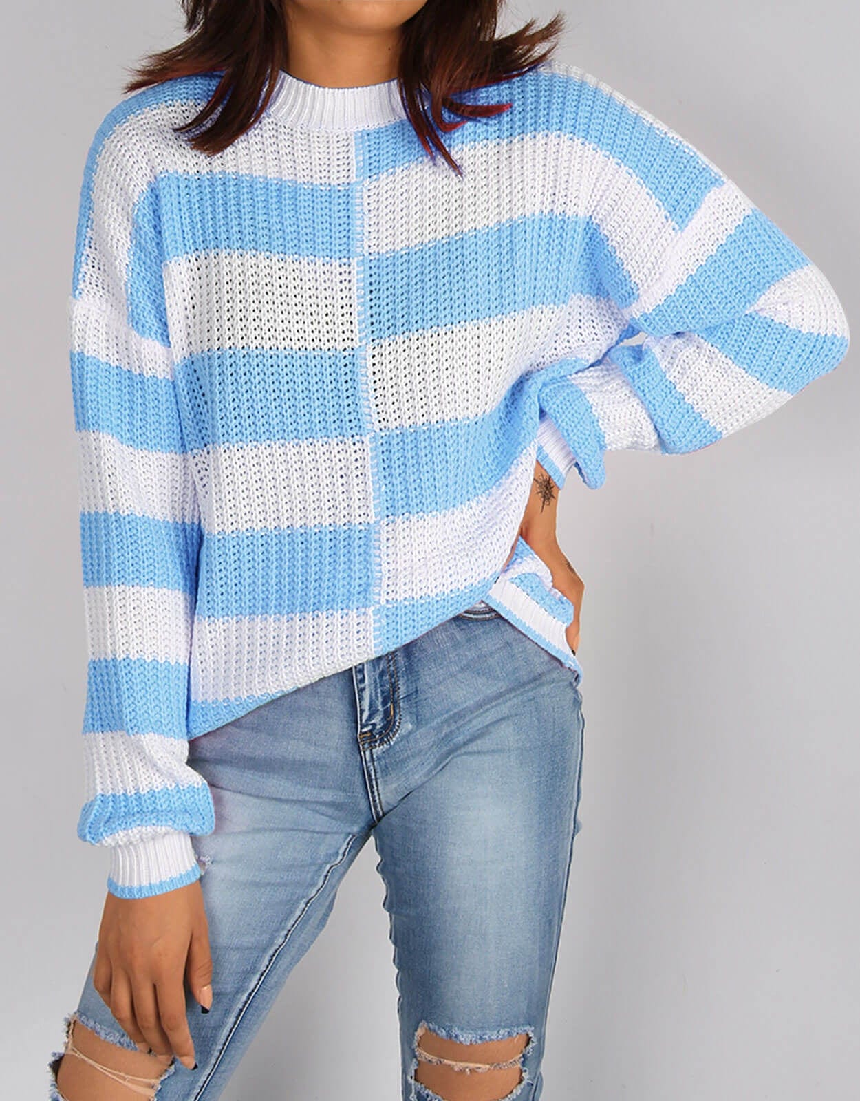 L / Blue Women's Sweater Loose Long Sleeve New European American Round Neck Irregular Pullover Base Ladies Contrast Color Knitwear