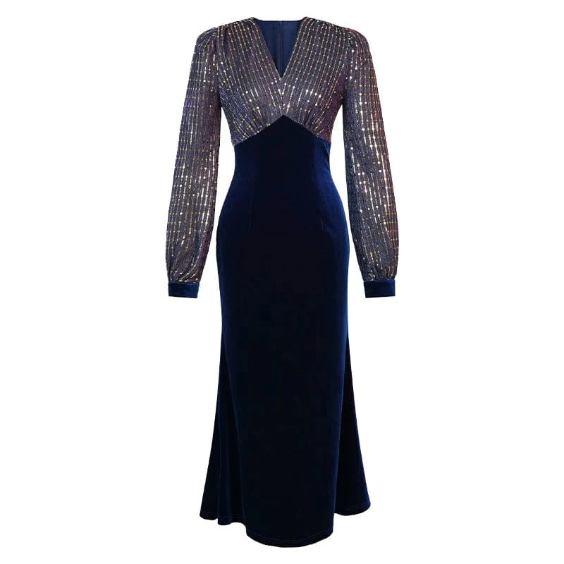 L / Blue ZYHT 21042 New Style Temperament Sustainable Sequins Dress Fit Slim Long Sleeve V-Neck Splicing Velvet Dress