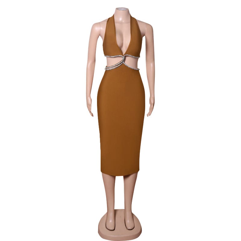 L / Brown 2022 New High Quality Women Cute Bodycon Rayon Bandage Elegant Club Party Dress Vestidos