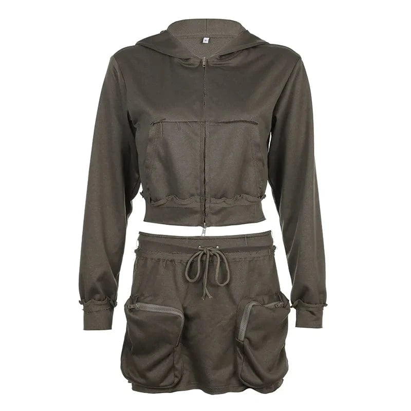 L / Brown Cargo Pockets 2024 Ladies Sexy New Style Mini Skirts Crop Long Sleeve Hoodie And Skirt Set Woman Mini Skirt Sets