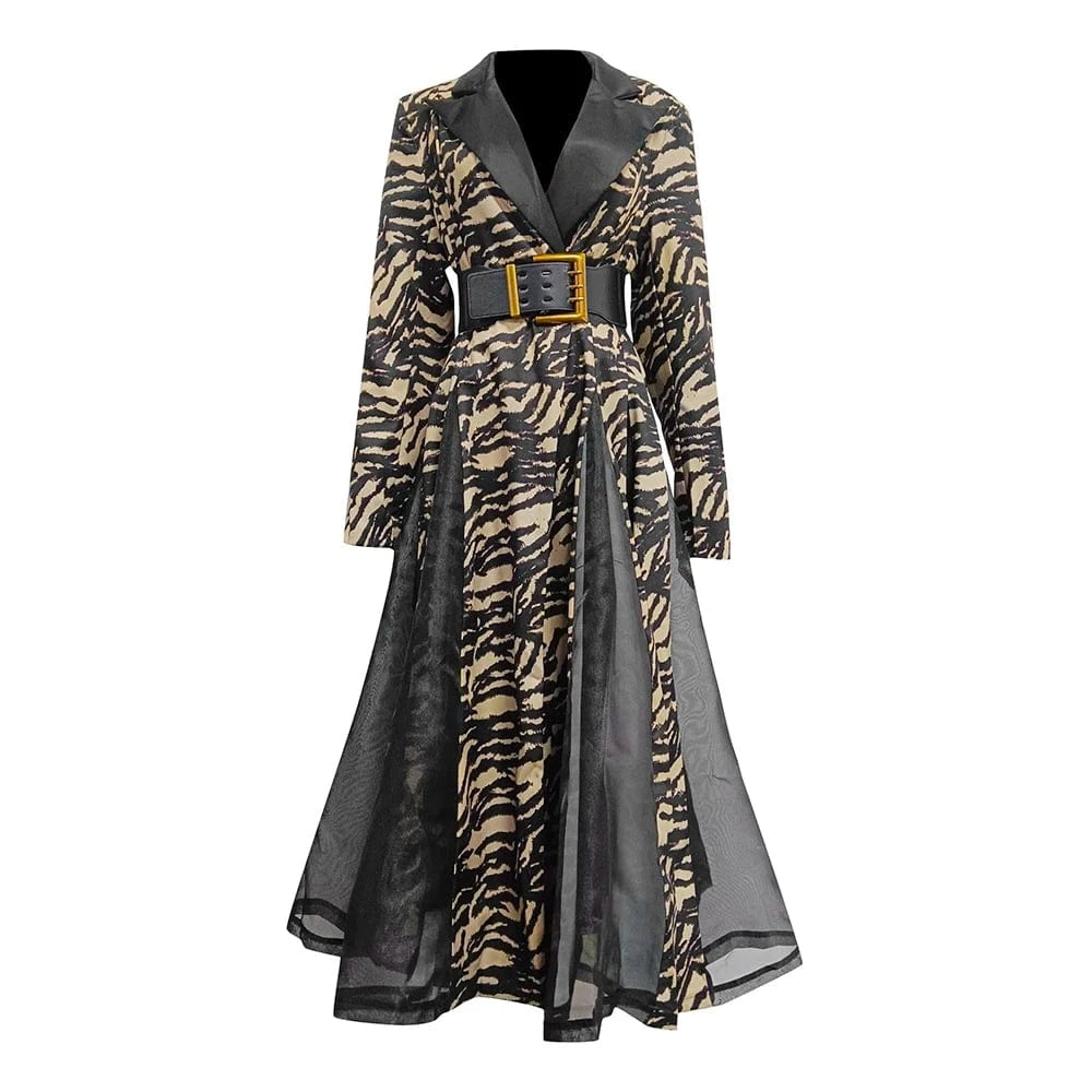 L / Brown CHICEVER Winter Notched Collar Long Sleeve High Waist Spliced Belt Hit Color Coats Long Jacket For Women