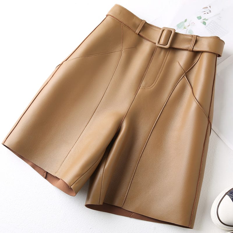 L / Brown Drop Shipping Spring 22 Hot Short Pants Sheepskin Leather Fifth Pants High Waist Mid Length Pants Ladies With Belt
