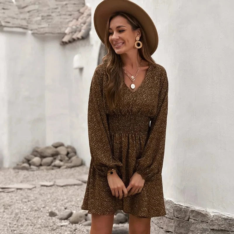 L / Brown European and American 2024 Spring New Wave dot dress women's V-neck Long sleeve Pleated waist Slim-fit Women's dress