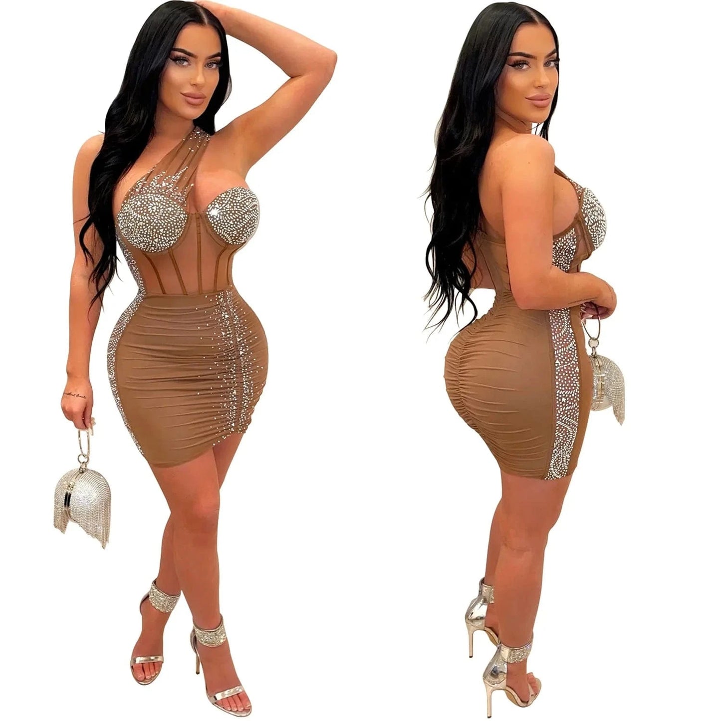 L / Brown Fashion Solid Color Beaded Rhinestone mesh party bodycon mini dress sexy club wear for women 2023