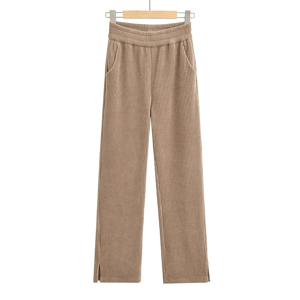 L / Brown High Quality Chenille Loose Ladies Sweatpants Leg Side Seam Split Elastic Waistband Female Trousers Joggers Women
