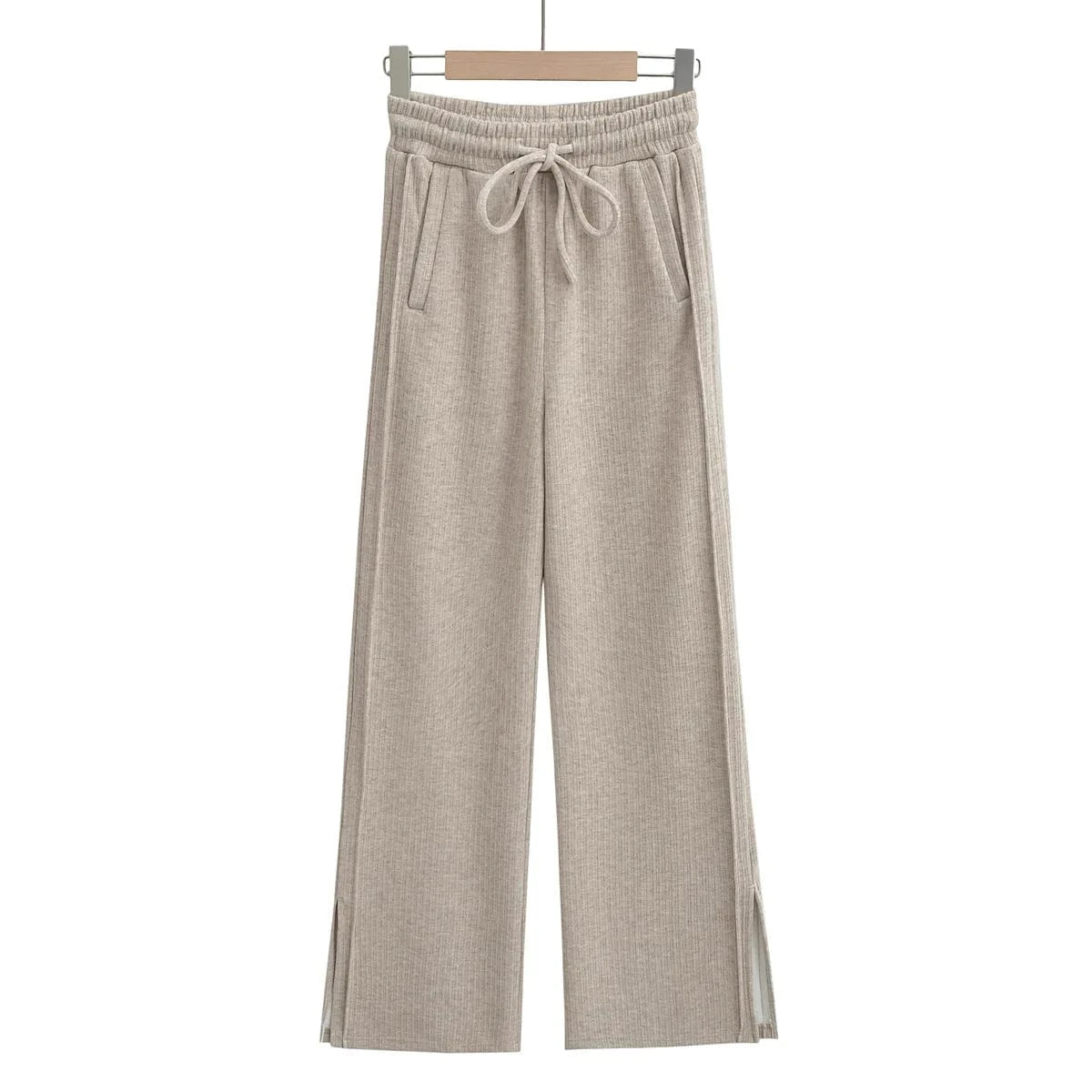 L / Brown High Quality Rib Loose Ladies Sweatpants Elastic Waistband Sport Casual Female Side Pocket Trousers Women Joggers Pants