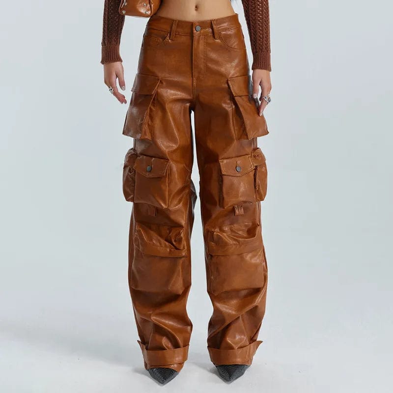 L / Brown-in stock OUDINA Stylish Street Customize PU Trousers High Waist Baggy Mujer 6 Pocket Cargo Pant Wide Leg Women Leather Pants