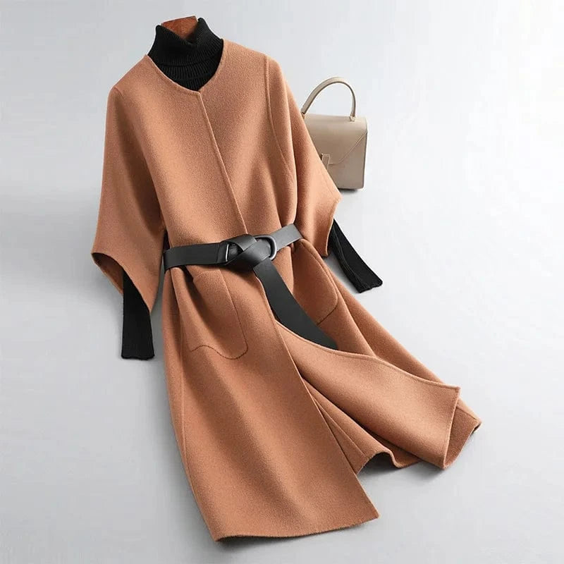 L / Brown New Design Solid Color Double Faced Winter Cashmere Long Wool Coat Women with Blet