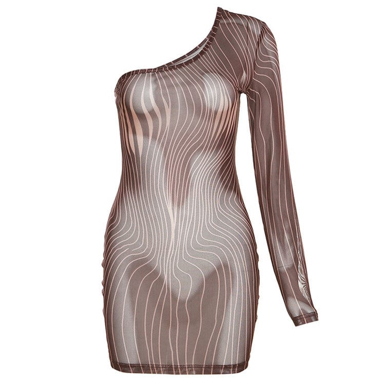 L / Brown New Vintage Striped Print Mini Dress Women Sexy See Through Inclined Shoulder Skinny Street Style Dress