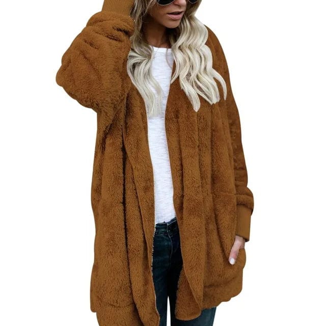 L / Brown New Year Spring Faux Fur Teddy Bear Coat Jacket Women Fashion Open Stitch Hooded Coat Female Long Sleeve Fuzzy Jacket