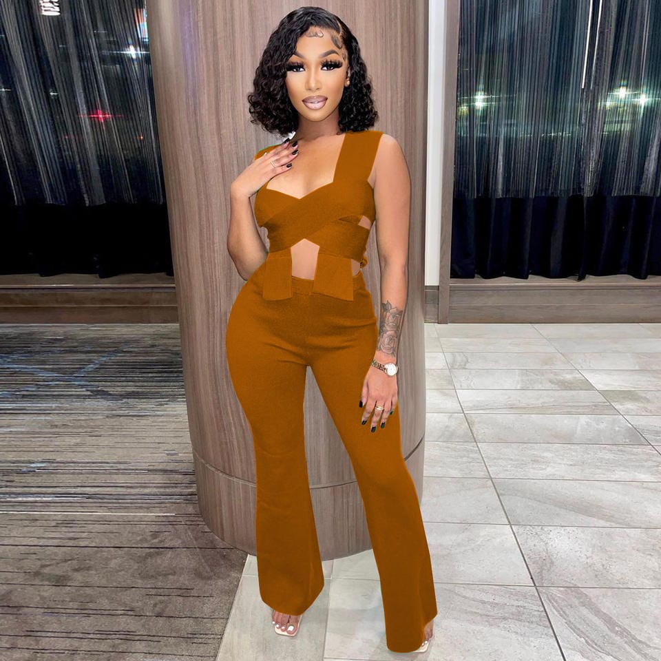 L / Brown Sexy Birthday Outfit For Women 2 Piece Hollow Cross Crop Top And Legging Pant 2023 Two Piece Set