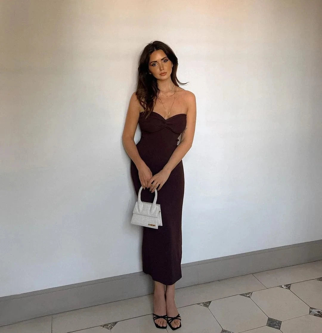 L / Brown Wholesale Knit Solid Strapless Bodycon Dress Sexy Streetwear Night club Party Asymmetric Strapless Ruched Ruffle Tube Dress