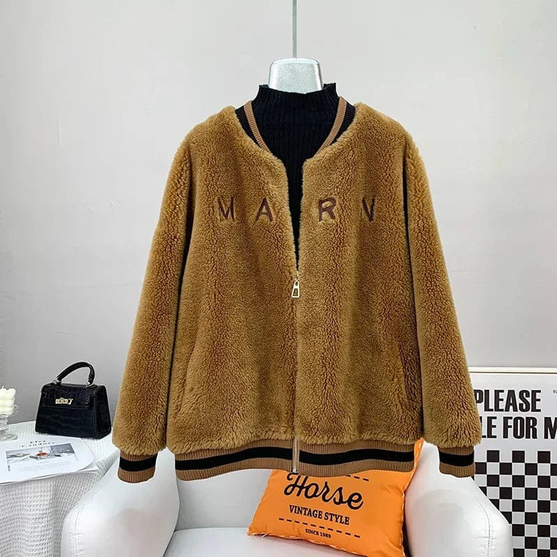 L / Brown Women Girl Real Wool Fur Round Collar Coa Female Lady Sheep Shearling Baseball Jacket Warm Overcoat JT3263