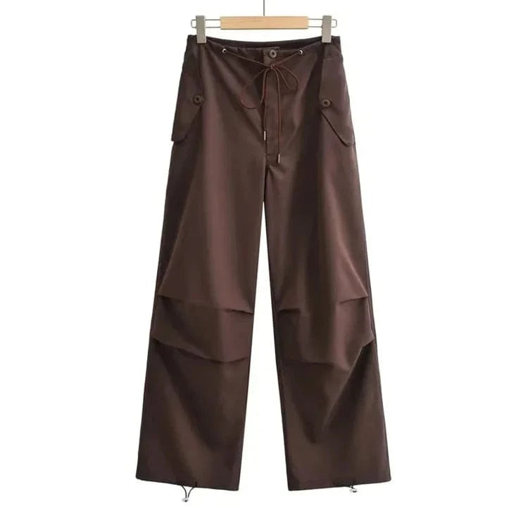 L / Brown Women High Waist Unique Design Cargo Trousers