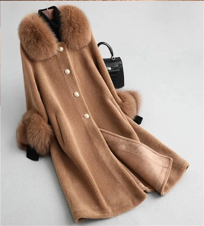 L / Brown Women Real wool sheep shearling fur coat women fox collar winter warm genuine fur coat winter warm coat A19003