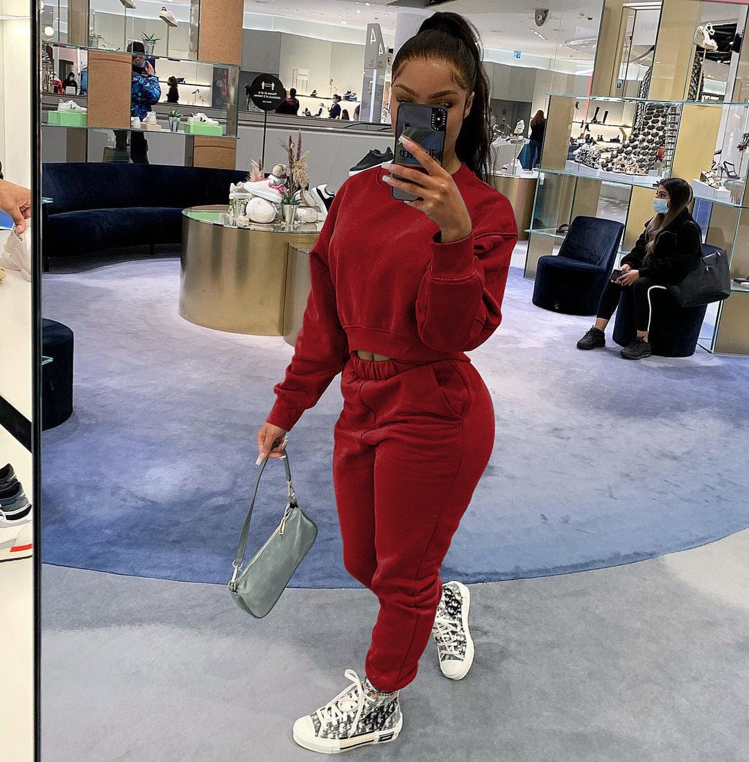 L / Burgundy 2023 New Woman Sweatsuits Plain Fleece Jogger Tracksuit Sweatsuit Set Two Piece Pants Set Clothing Vendor Matching Sweatsuit