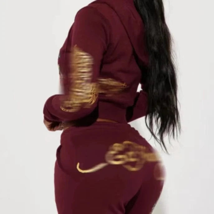 L / Burgundy Autumn Women New Print Design Long Sleeve Hoodie Zipper Crop Top And Loose Long Pants Lady Streetwear Set