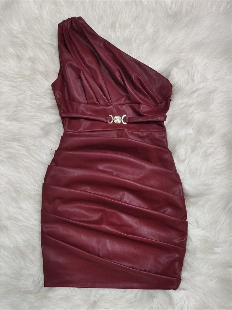 L / Burgundy BY2259 New Arrivals Birthday Dresses Women Sexy PU White One Shoulder  Wrap Elegant Dress Party Bandage Dress