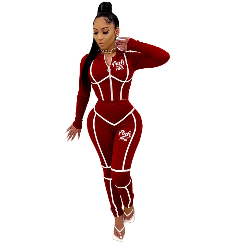 L / Burgundy Fall 2022 Women Clothes Women's Fashion Offset Printed Long Sleeved Hoodie Sportswear Zipper Top Pants Sportswear Two-piece