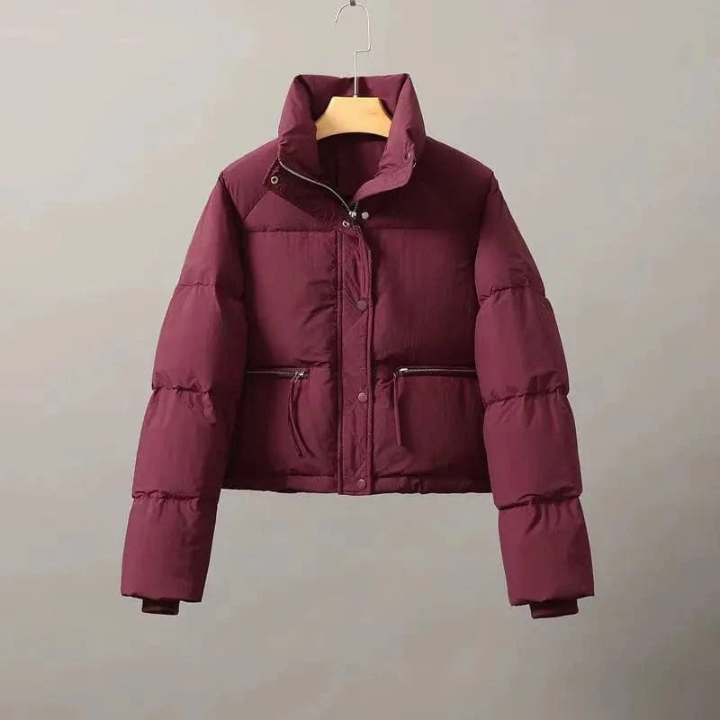 L / Burgundy New Cotton-Padded Women's Short Korean Version Stand Collar Thickened Bread Coat Cotton-Padded Women Coat