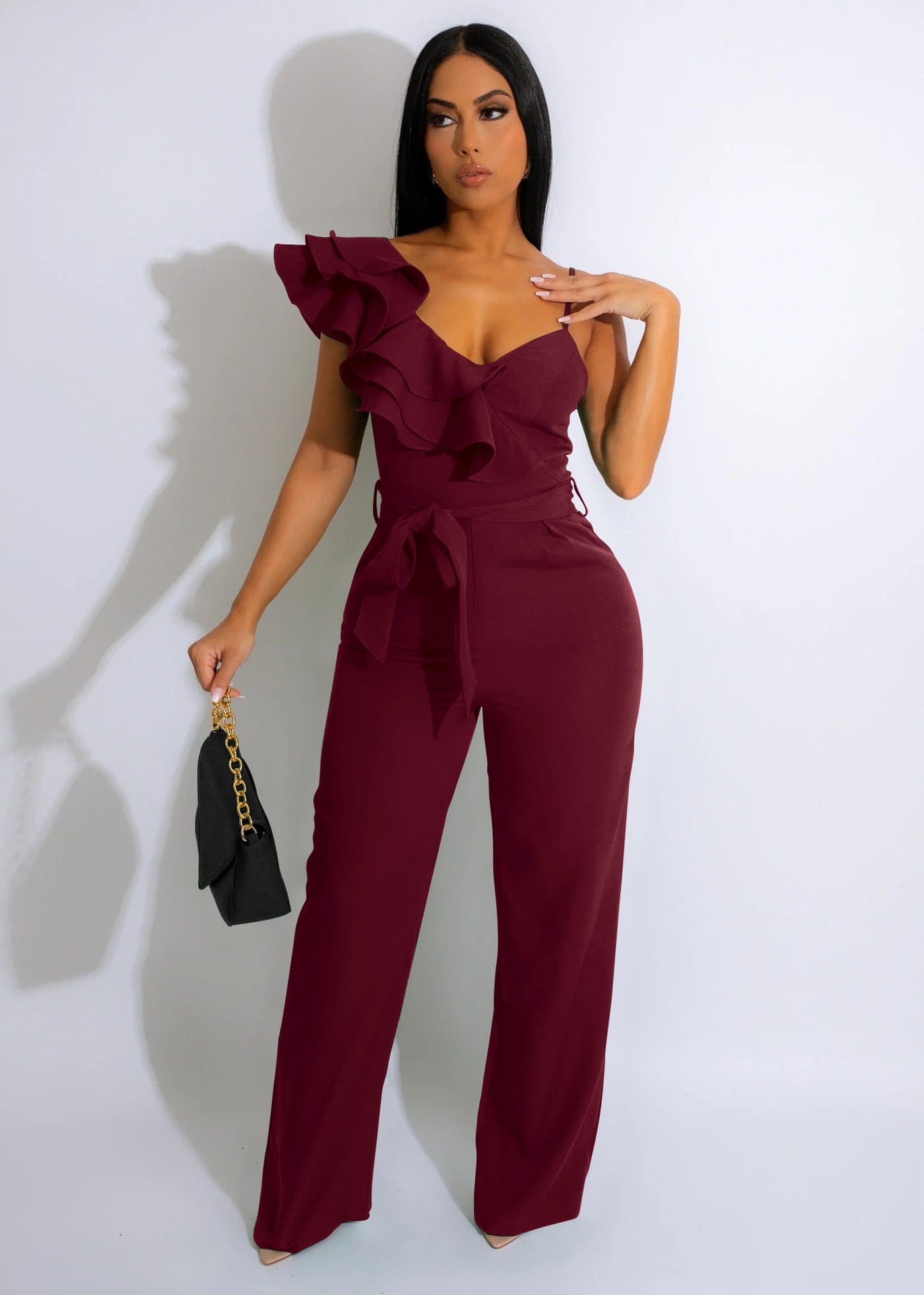 L / Burgundy New womens clothing fashion ruffled edge one shoulder sleeveless waist tucked deep V loose ladies solid color one piece jumpsuit