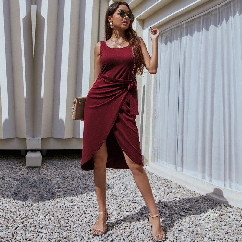 L / Burgundy Summer New Arrival Ladies Sexy Slim Solid Color Cotton Sleeveless Irregular Women Backless Bodycon Knee Mid-long Dress