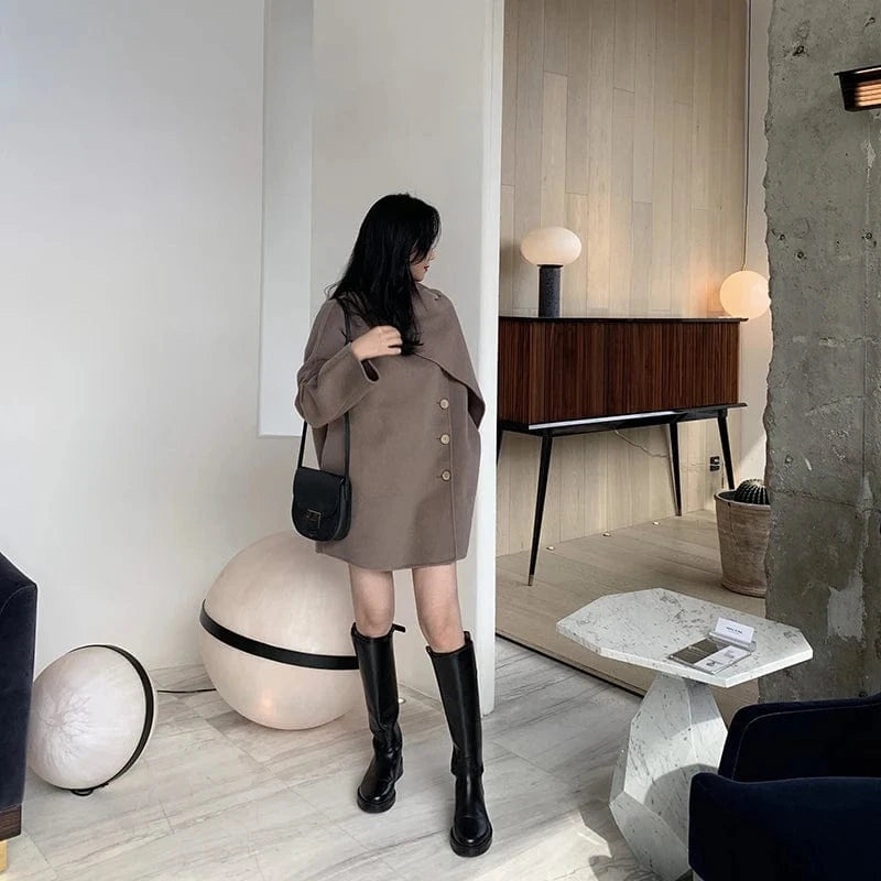 L / Camel 2022 New Design Single Button Wool Shawl Mid-Length Womens Cashmere Wool Coats