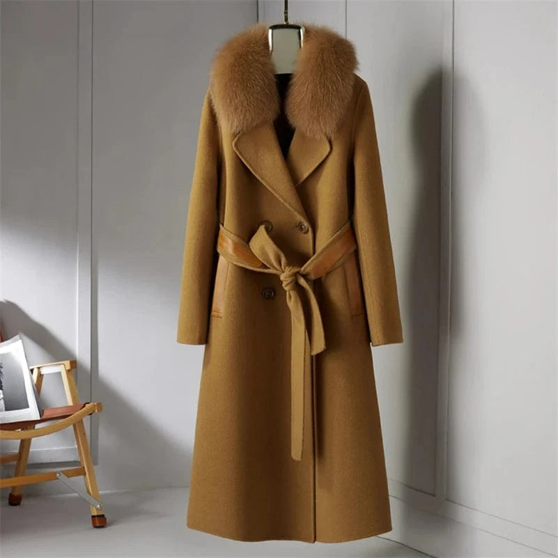 L / camel 21016 Women 90% wool blends Long coat jacket with real fox fur collar overcoats jackets Trench