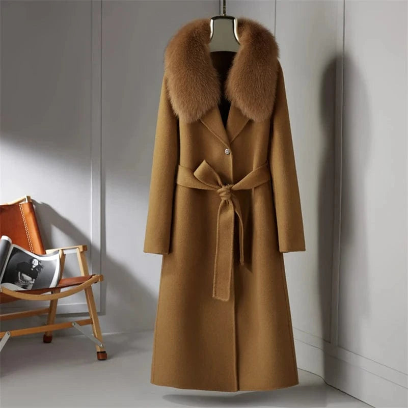 L / camel 21181 Women 90% wool blends Long coat jacket with real fox fur collar overcoats jackets Trench