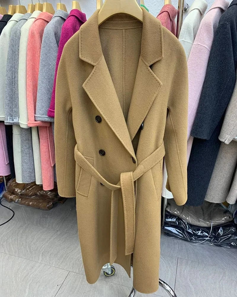L / Camel High Quality Handmade Cashmere Trench Coats Women Double Breasted Wool Coat with Belt
