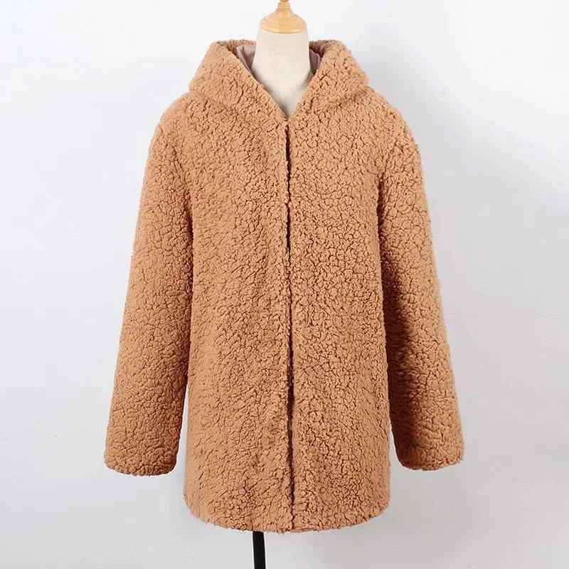 L / Camel New Fashion Fleece Fuzzy Short Wool Coat Women Faux Fur Jacket Teddy Coat with Hooded