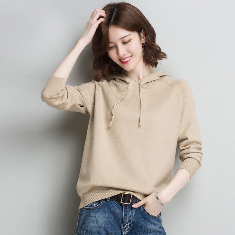 L / Camel Spring New Hooded Sweater Women's Loose Casual Knitted Base Shirt Thin Coat