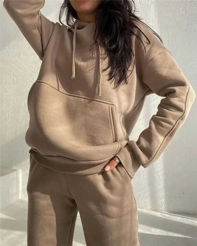 L / Camel Women's Outfits Long Sleeved Plush Hooded Sweater Loose Casual PantsWomen Two Piece Set Autumn and Winter Fashion Suit