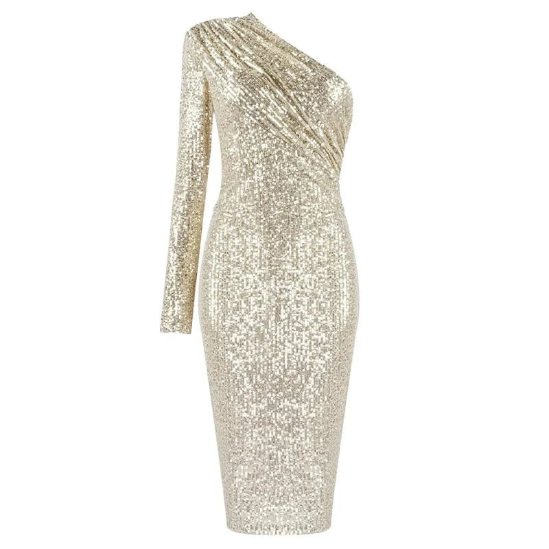 L / Champagne D8130#New Women's nightclub sexy one-shouldered  long-sleeved sequins perspective slim dress evening dress