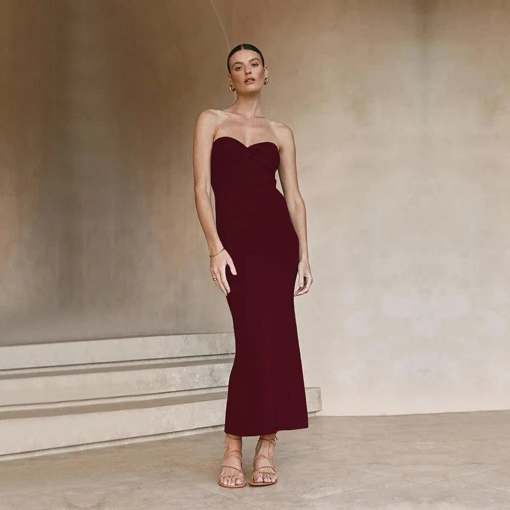 L / COFFE Wholesale Knit Solid Strapless Bodycon Dress Sexy Streetwear Night club Party Asymmetric Strapless Ruched Ruffle Tube Dress