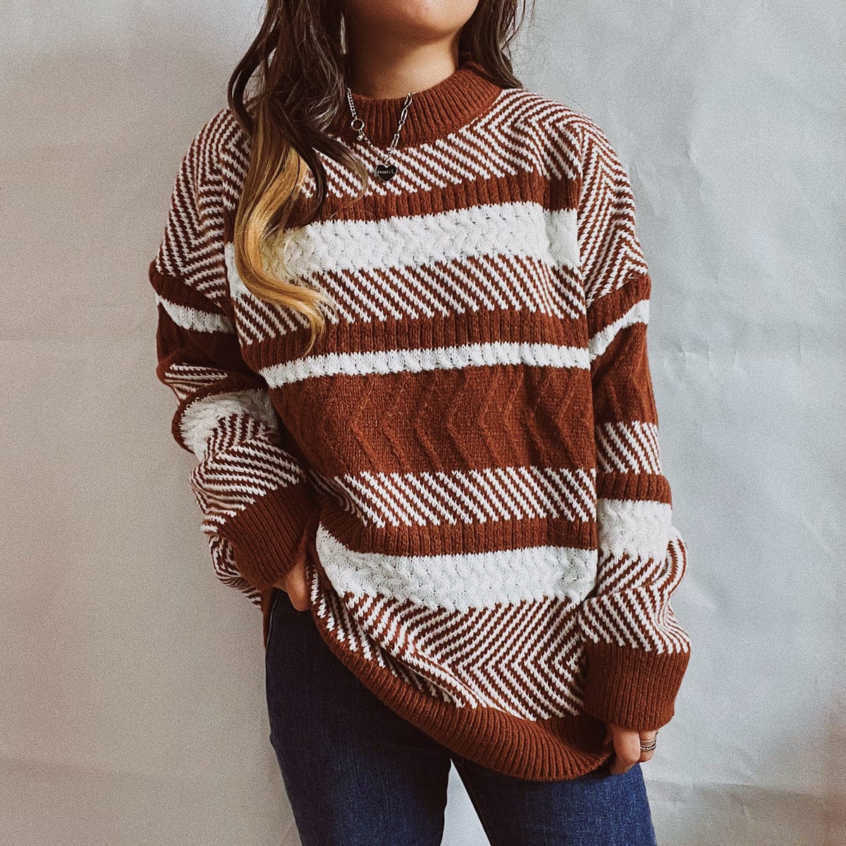 L / Coffee Color New Irregular Striped Color Stitching Thickened Round Neck Long Sleeve Knitted Sweater Pullover