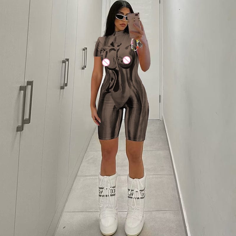 L / coffee Lygens 2175 Tie Dye Print Stretchy Short Sleeve One Piece Rompers 2023 Summer Casual Streetwear Club Jumpsuits Women Clothes