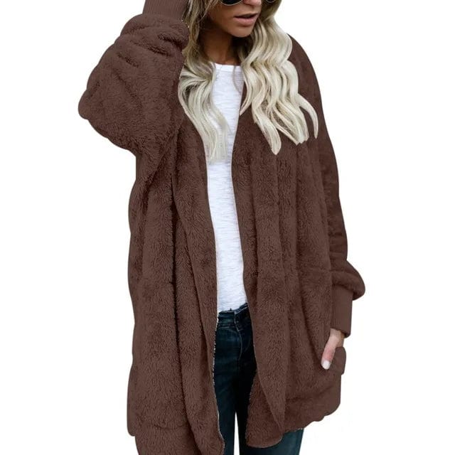 L / Coffee New Year Spring Faux Fur Teddy Bear Coat Jacket Women Fashion Open Stitch Hooded Coat Female Long Sleeve Fuzzy Jacket