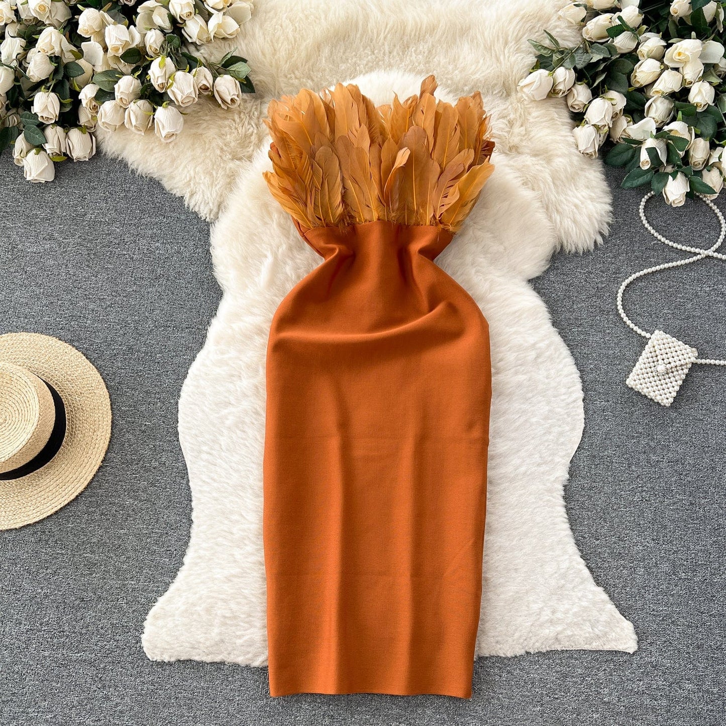 L / coffee Superior Sense Three-Dimensional Feather Patchwork Strapless Dress Women's Slimming Party Dress