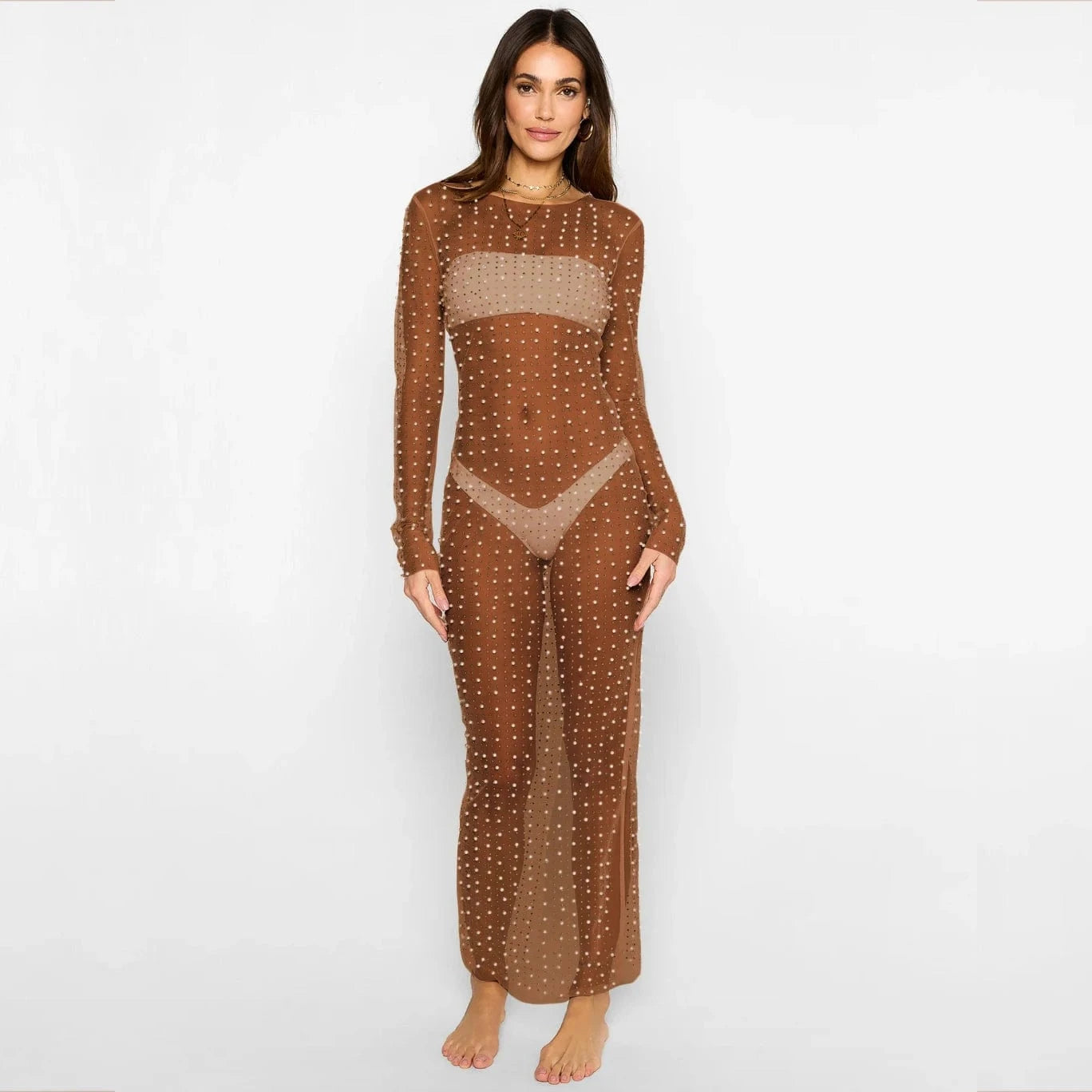 L / coffee W-S1171A Rhinestone Mesh See Through Dress Lady Long Sleeve Transparent Bikini Cover Up Clubwear Fashion Sexy Sheer Dress