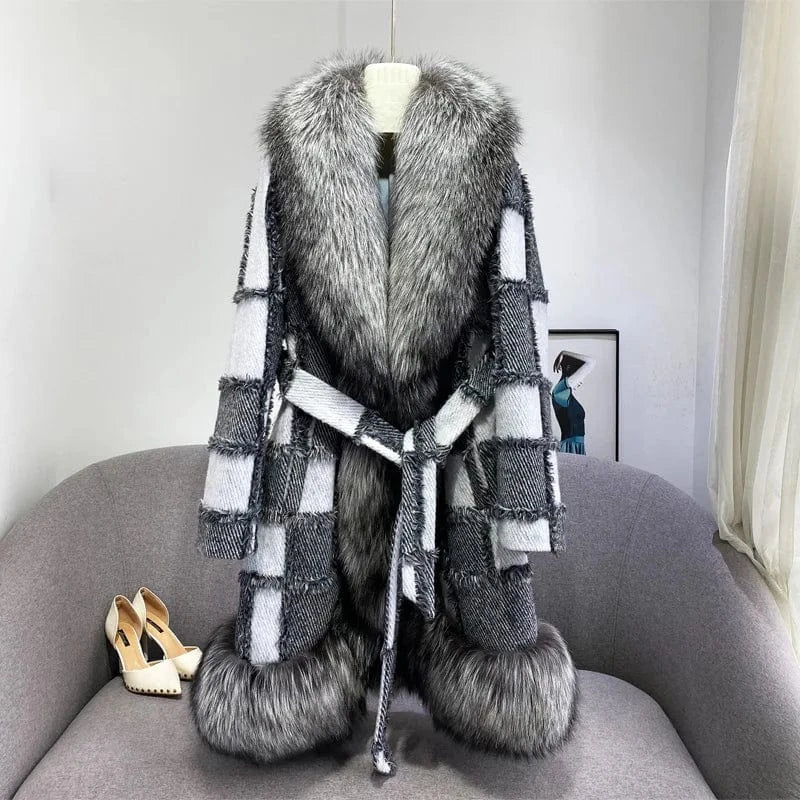L / Color 1 Custom Patchwork Pattern Winter Warm Wool Coats Women Cashmere Long Coat with Fox Fur Trim