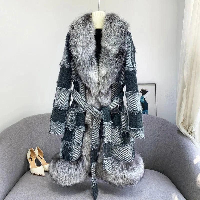 L / Color 2 Custom Patchwork Pattern Winter Warm Wool Coats Women Cashmere Long Coat with Fox Fur Trim