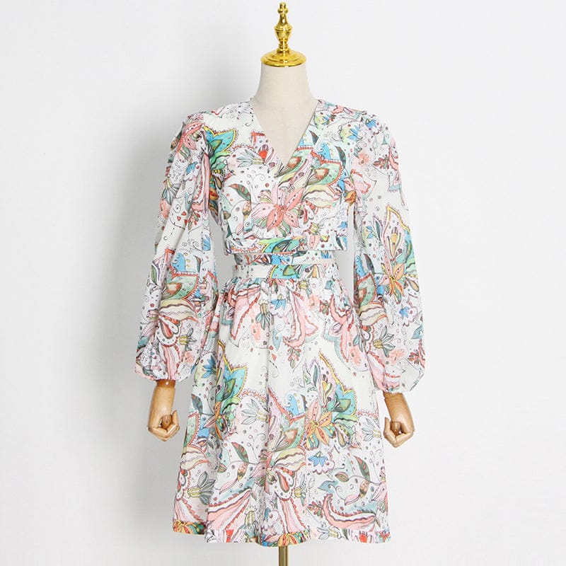 L / Color As Pic Vestidos Verano Holiday Style Elegant Short Dress 2022 Autumn New V-neck Printed Long-sleeved Waistless Fashion Dress