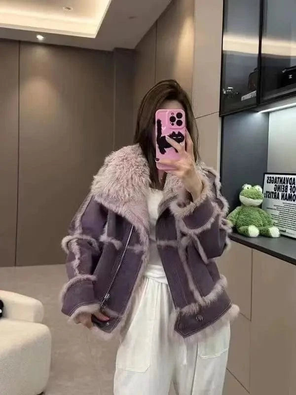 L / color3 Custom Soft Women Elegant Warm Luxury Double Sided Sheepskin Fur Jacket Winter Ladies Genuine Shearling Wool Sheep Leather Coat