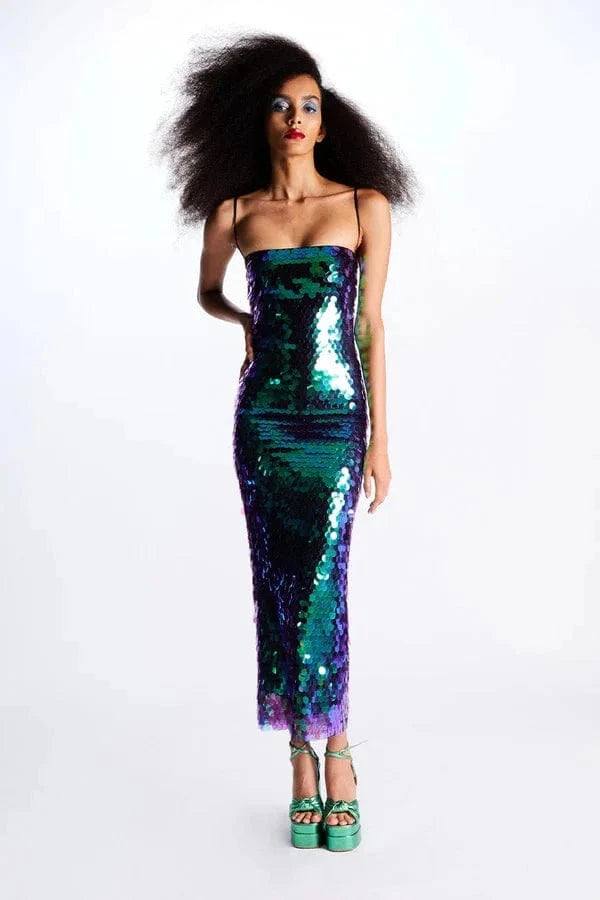 L / colorful W-S1173A Sexy Backless Sequined Strap Tube Top Dress Solid Straight Long Vestidos Slip Evening Robe